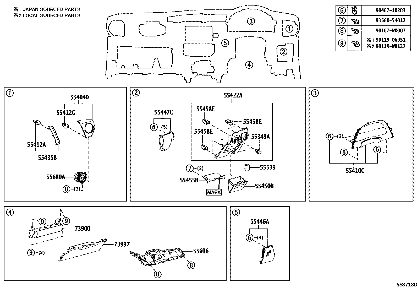 Toyota COROLLA 仪表板和手套箱 EPC diagram — 553713D