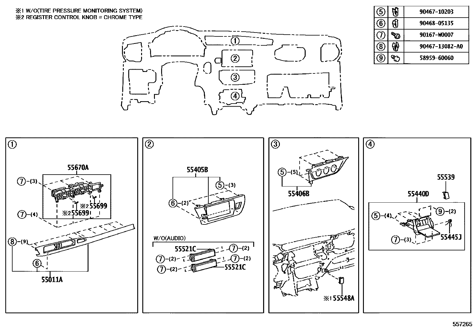 Toyota COROLLA 仪表板和手套箱 EPC diagram — 557265