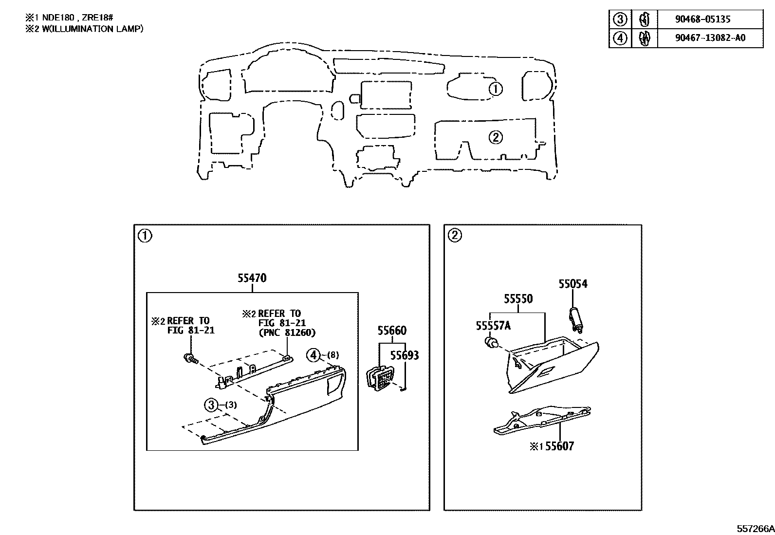 Toyota COROLLA 仪表板和手套箱 EPC diagram — 557266A