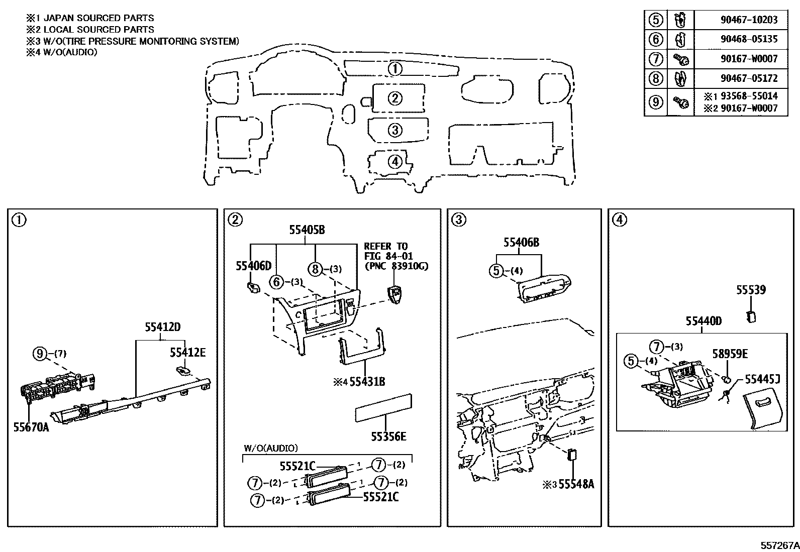 Toyota COROLLA 仪表板和手套箱 EPC diagram — 557267A