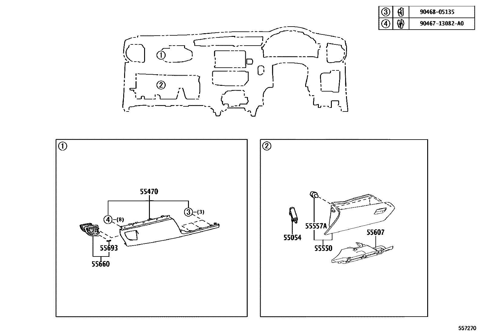 Toyota COROLLA 仪表板和手套箱 EPC diagram — 557270