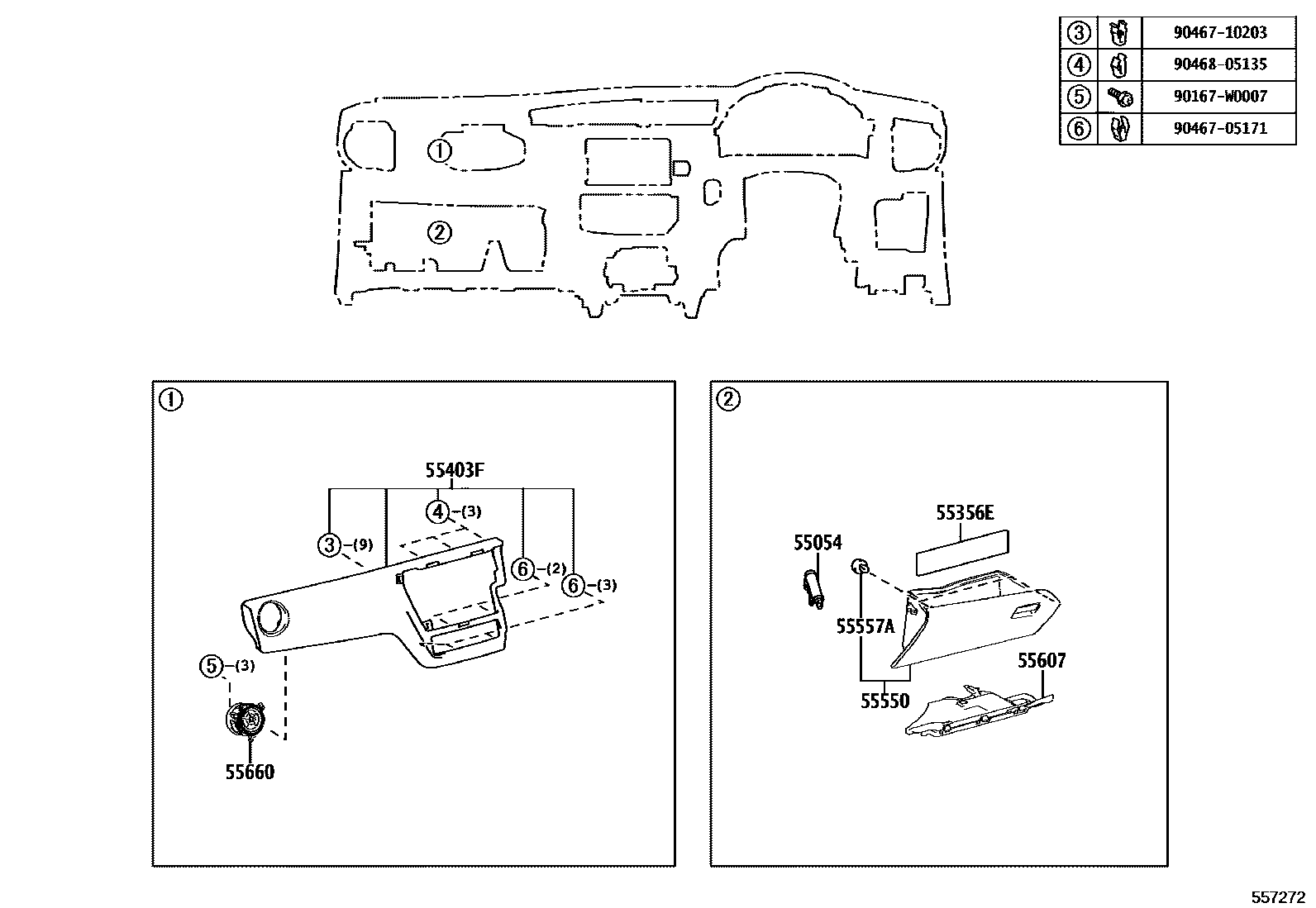 Toyota COROLLA 仪表板和手套箱 EPC diagram — 557272