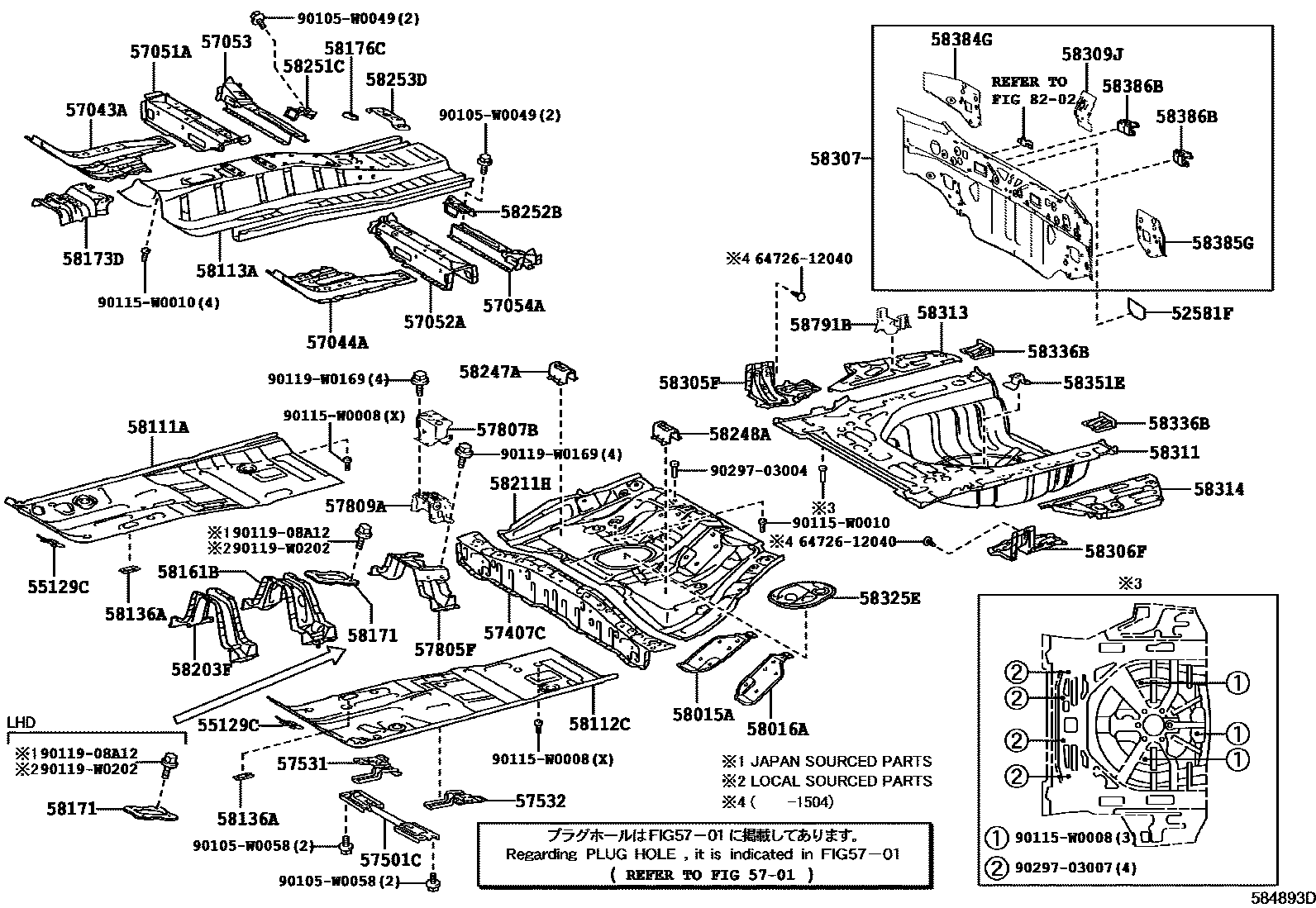 Toyota COROLLA 浅盘形地板和车身下背板 EPC diagram — 584893D
