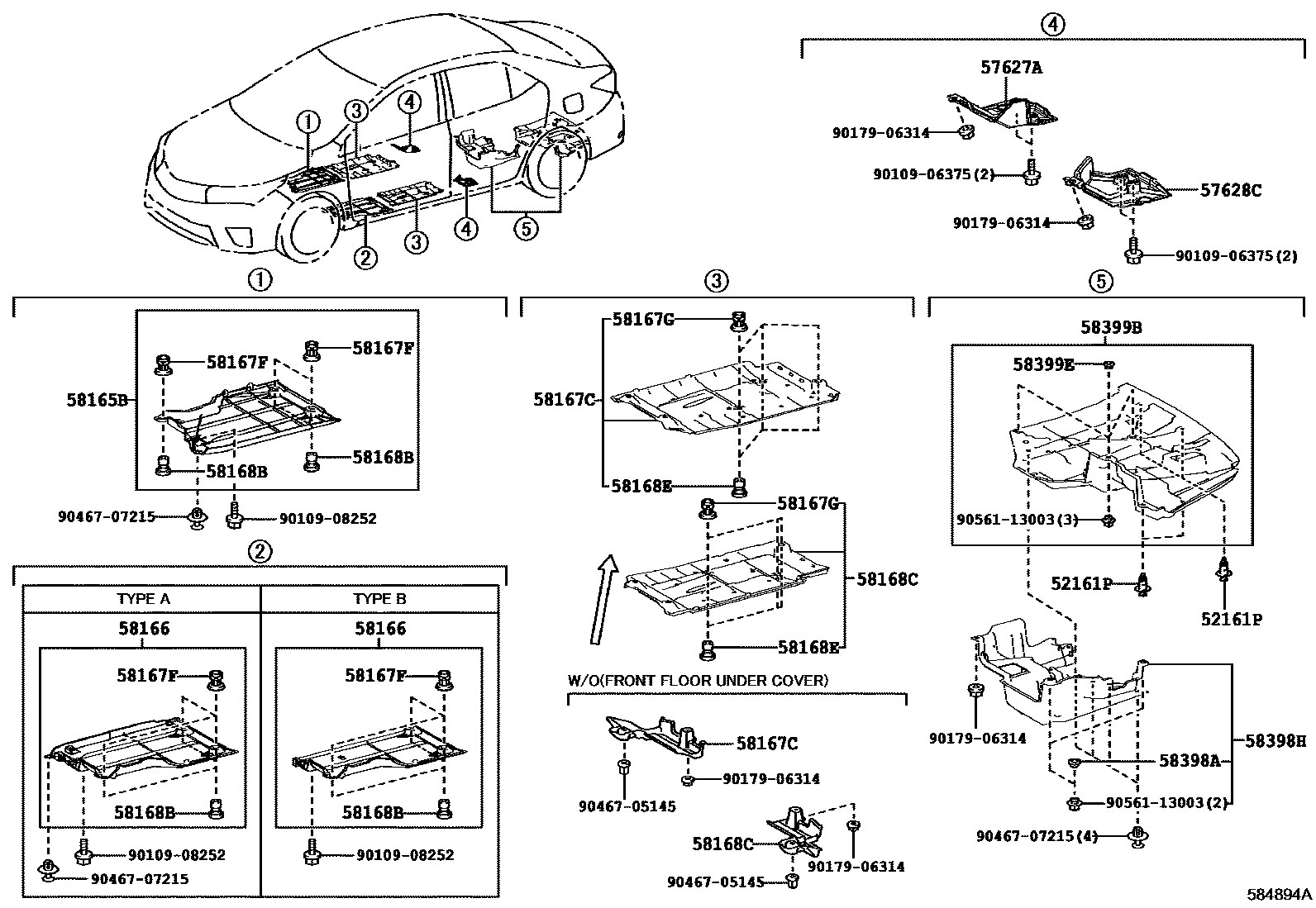 Toyota COROLLA 浅盘形地板和车身下背板 EPC diagram — 584894A