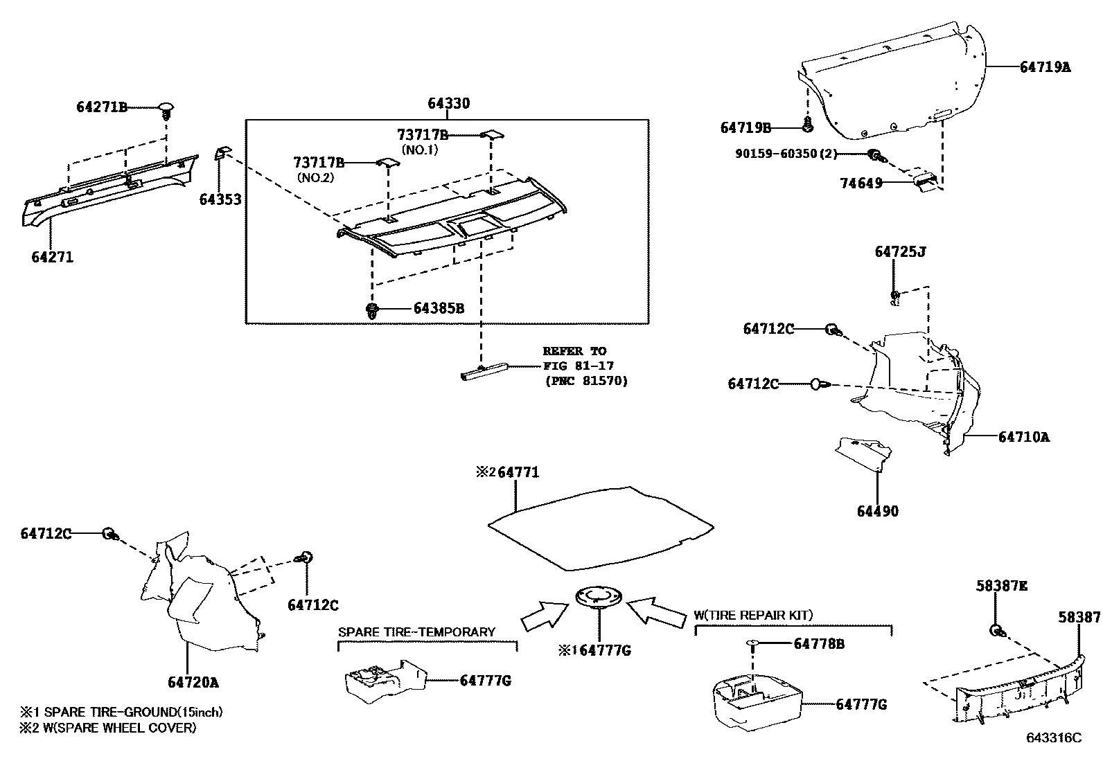 Toyota COROLLA 杂物箱板和行李箱垫 EPC diagram — 643316C