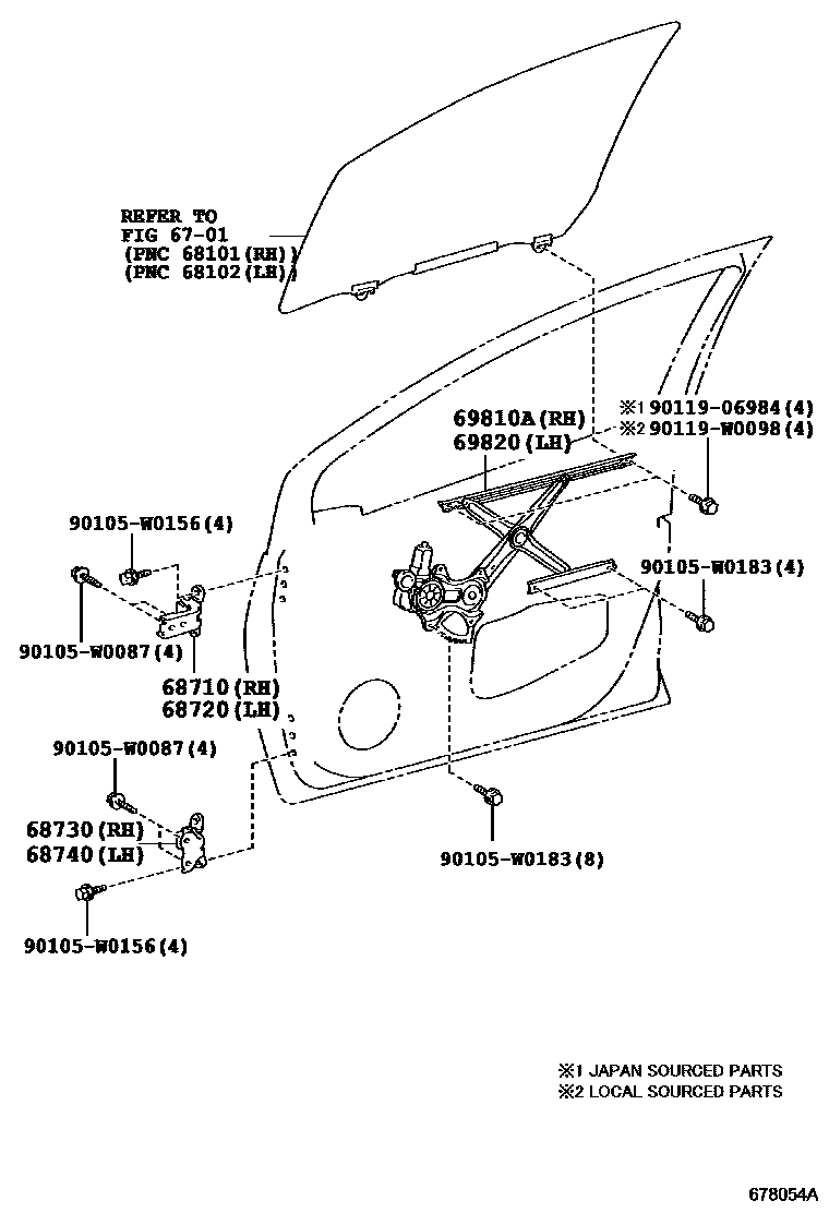 Toyota COROLLA 前门车窗升降器和合页 EPC diagram — 678054A