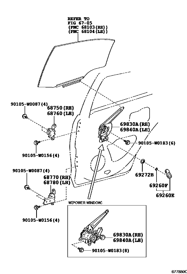 Toyota COROLLA 后门车窗升降器和合页 EPC diagram — 677880C