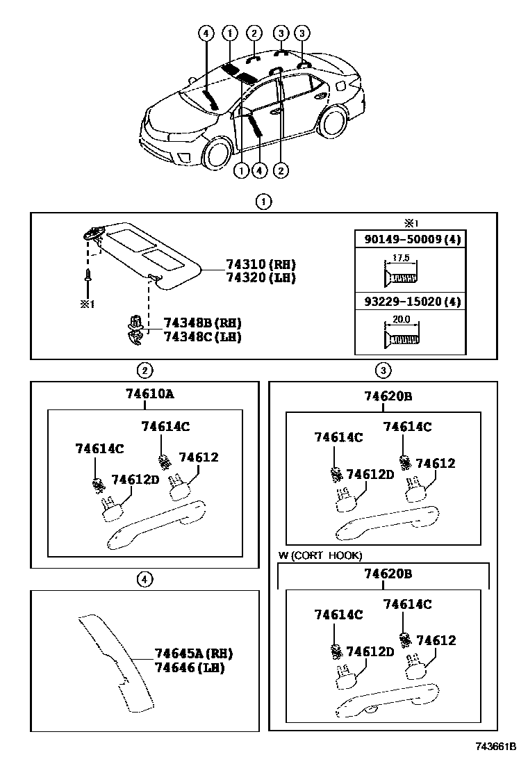 Toyota COROLLA 扶手和遮阳板 EPC diagram — 743661B