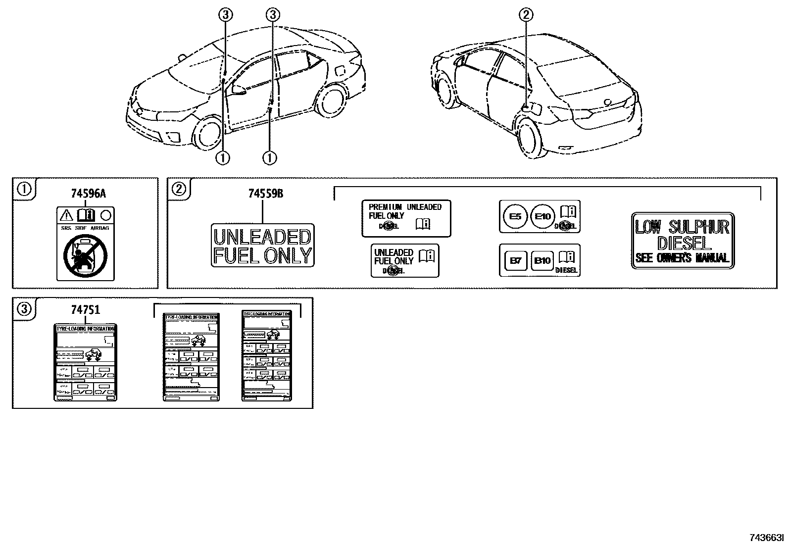 Toyota COROLLA 警示铭牌(车外和车内) EPC diagram — 743663I