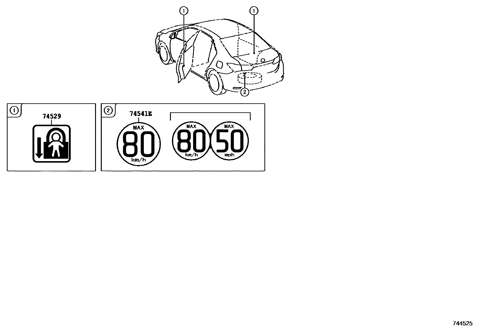 Toyota COROLLA 警示铭牌(车外和车内) EPC diagram — 744525