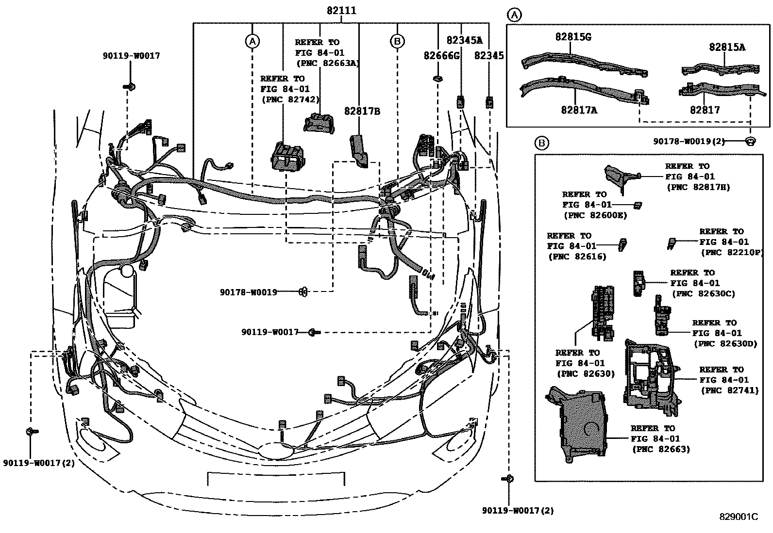 Toyota COROLLA 线束和卡夹 EPC diagram — 829001C