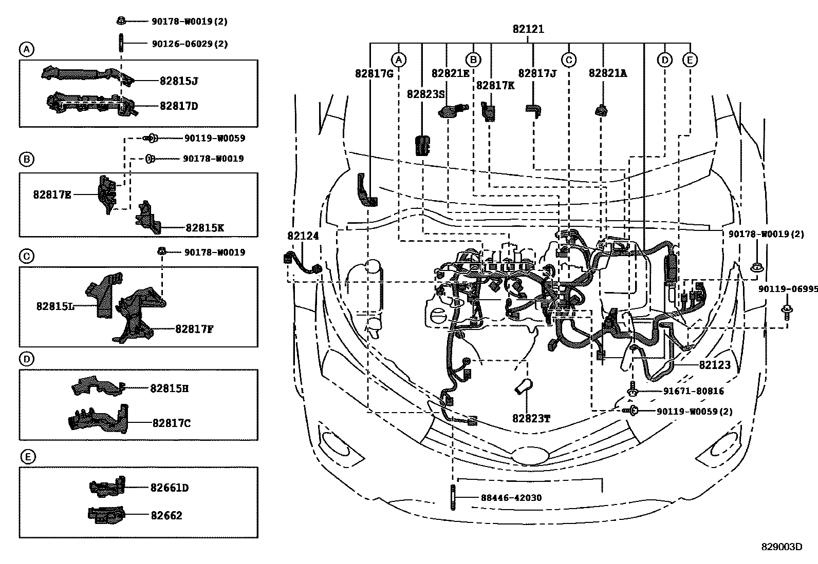 Toyota COROLLA 线束和卡夹 EPC diagram — 829003D