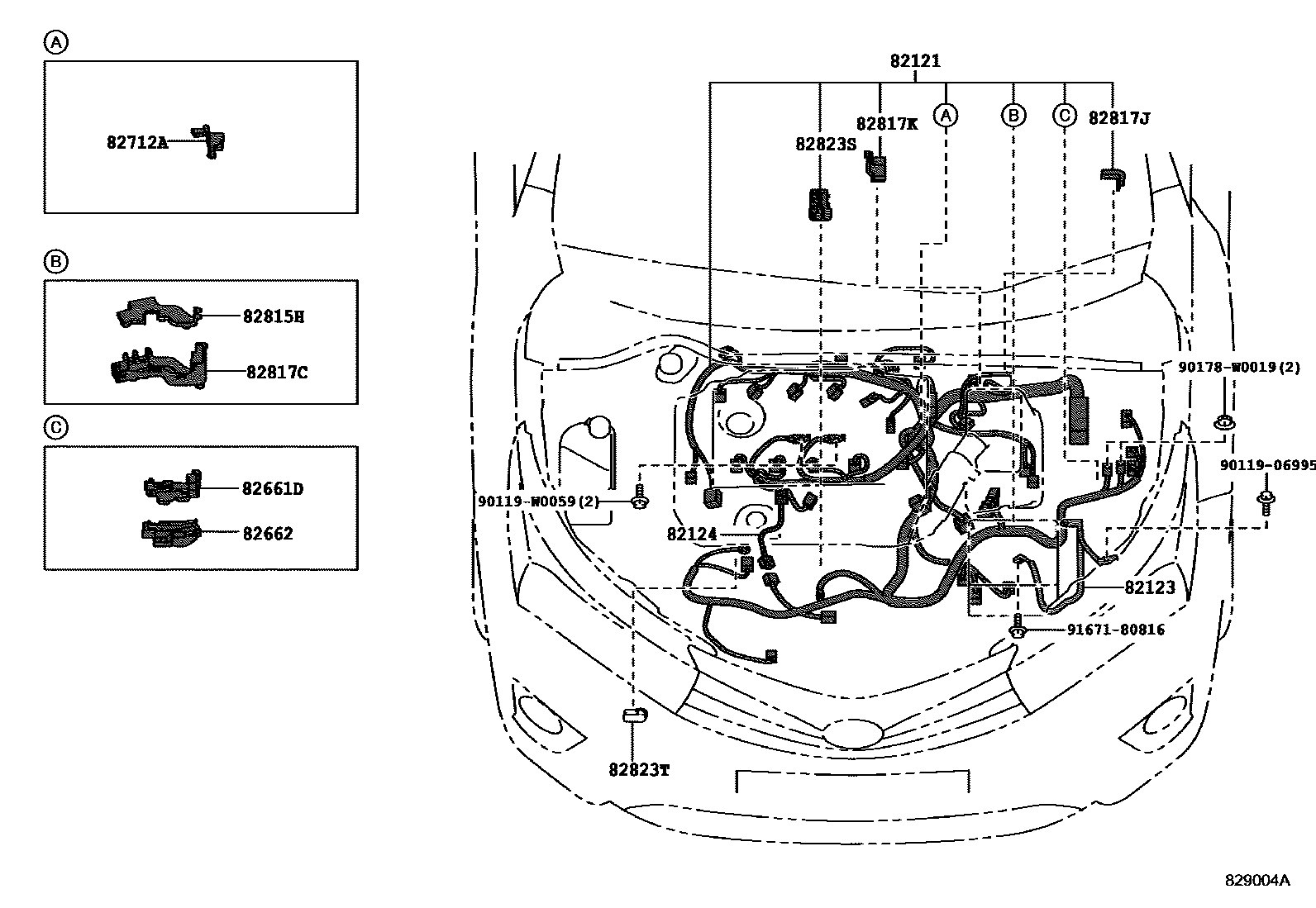 Toyota COROLLA 线束和卡夹 EPC diagram — 829004A