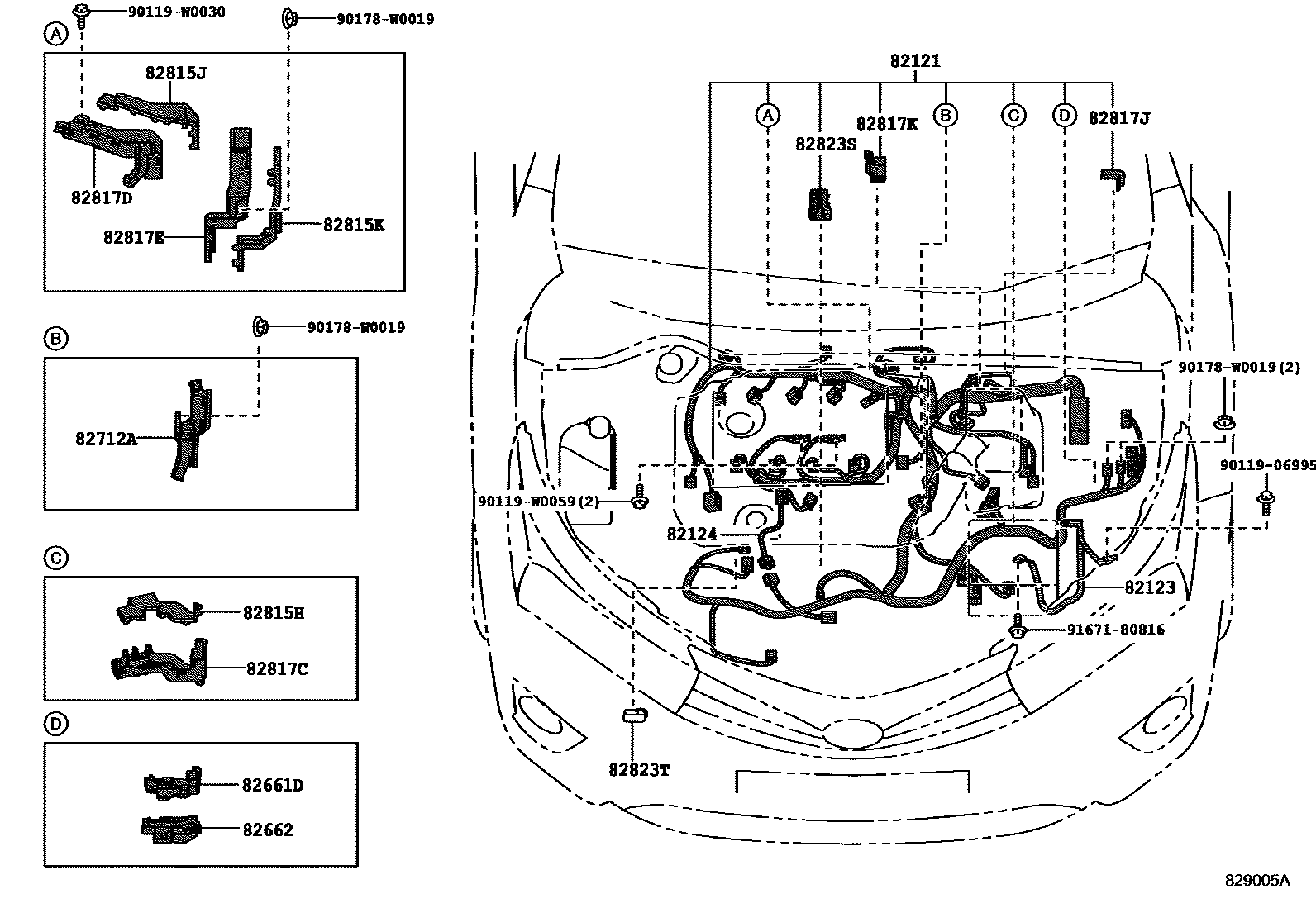 Toyota COROLLA 线束和卡夹 EPC diagram — 829005A