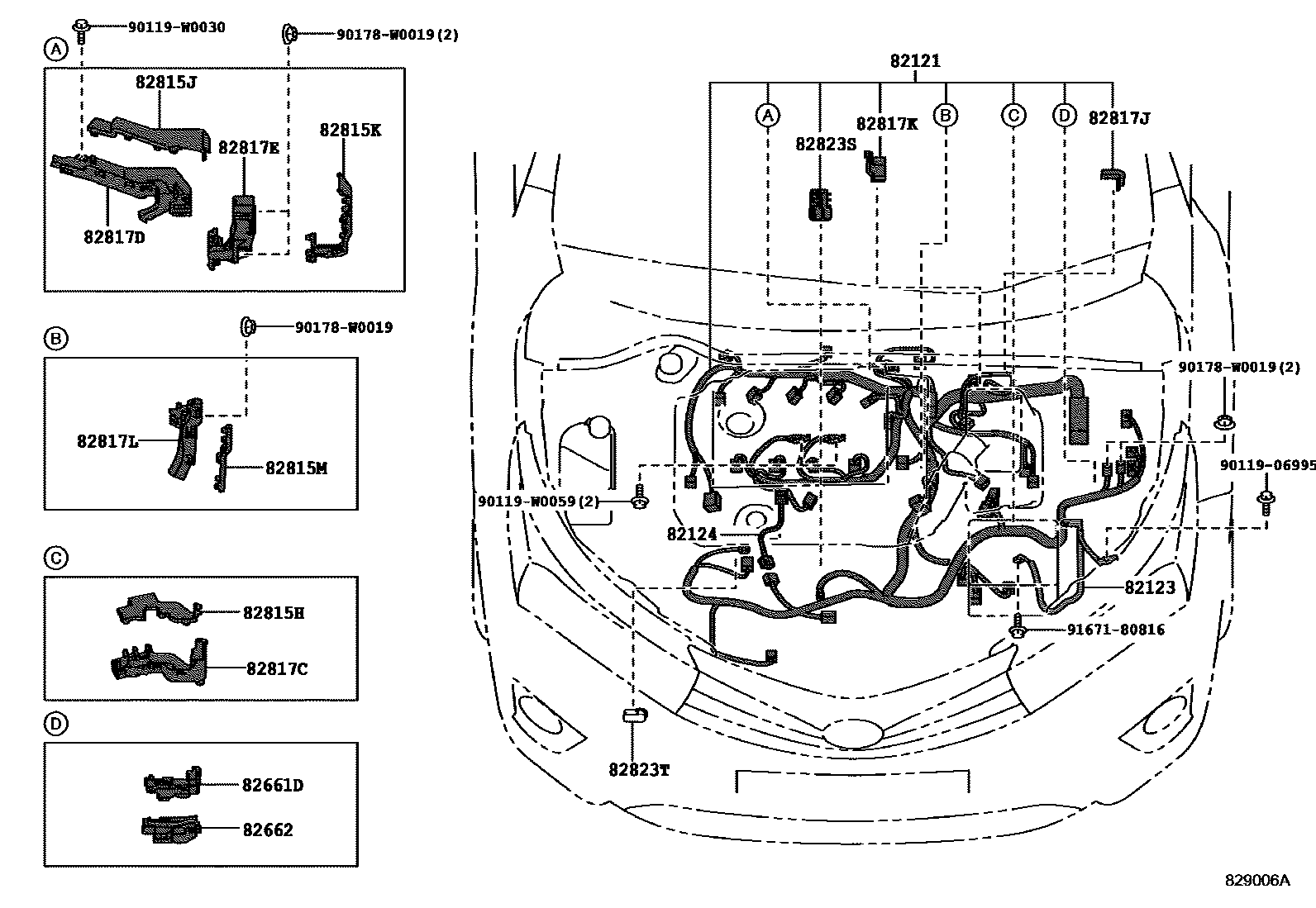 Toyota COROLLA 线束和卡夹 EPC diagram — 829006A