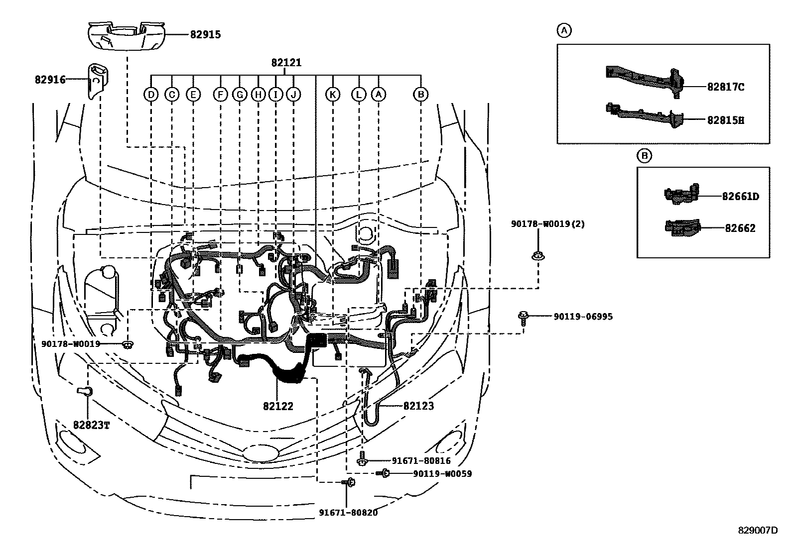 Toyota COROLLA 线束和卡夹 EPC diagram — 829007D