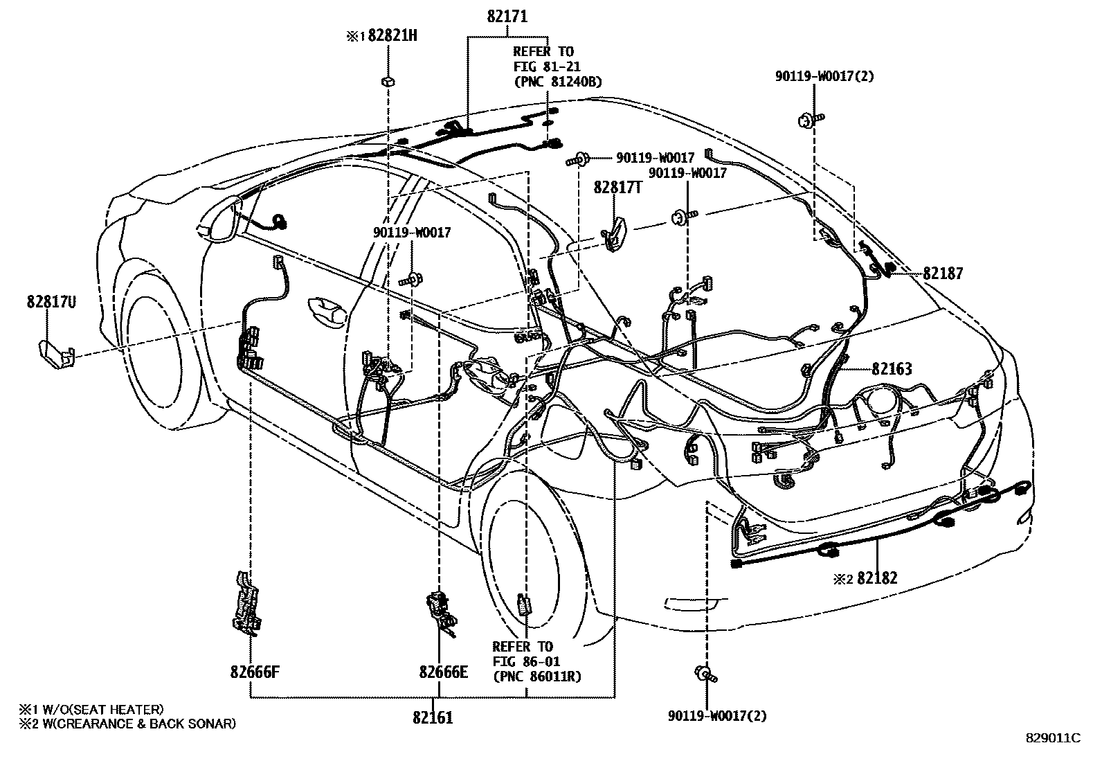 Toyota COROLLA 线束和卡夹 EPC diagram — 829011C