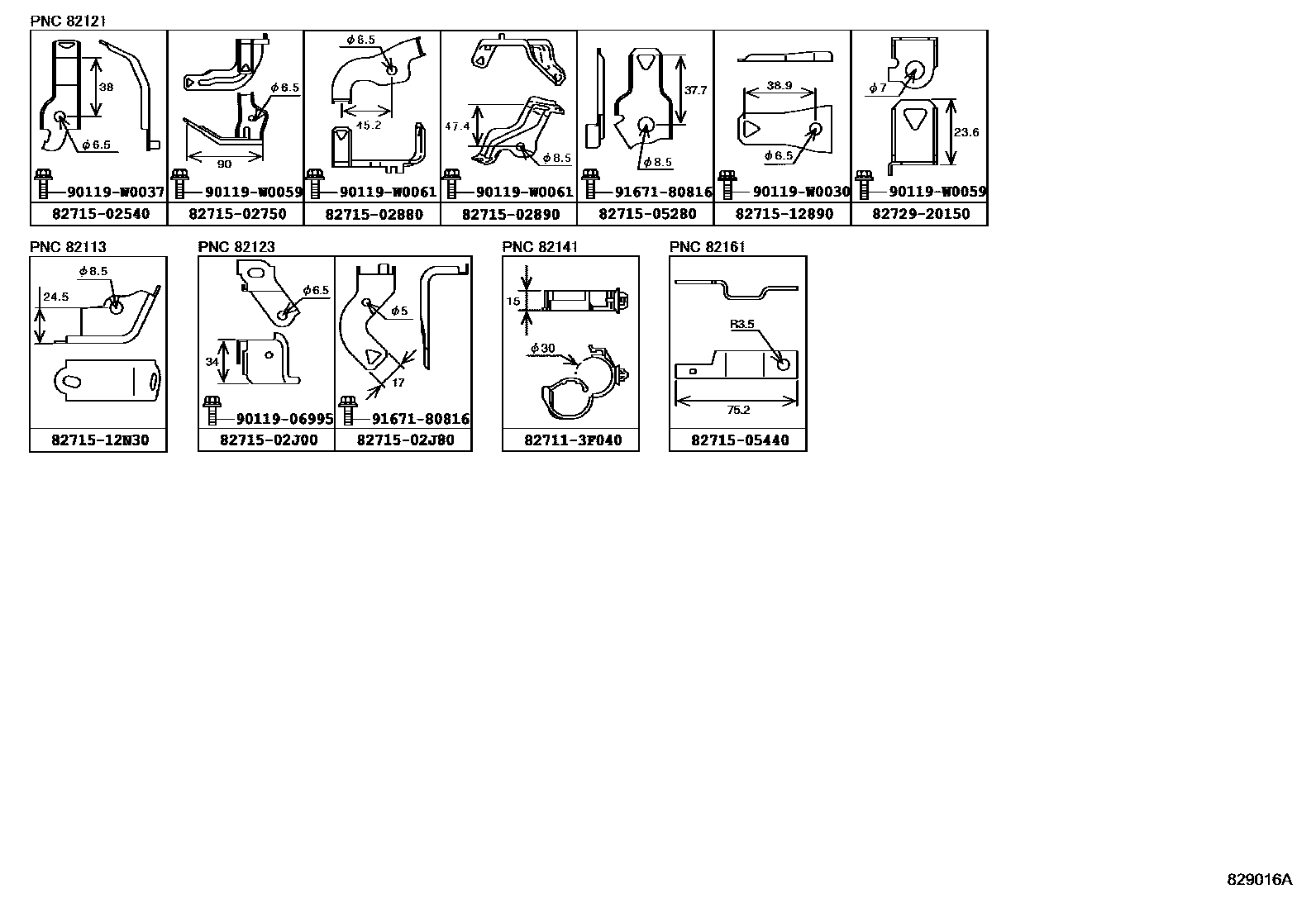 Toyota COROLLA 线束和卡夹 EPC diagram — 829016A