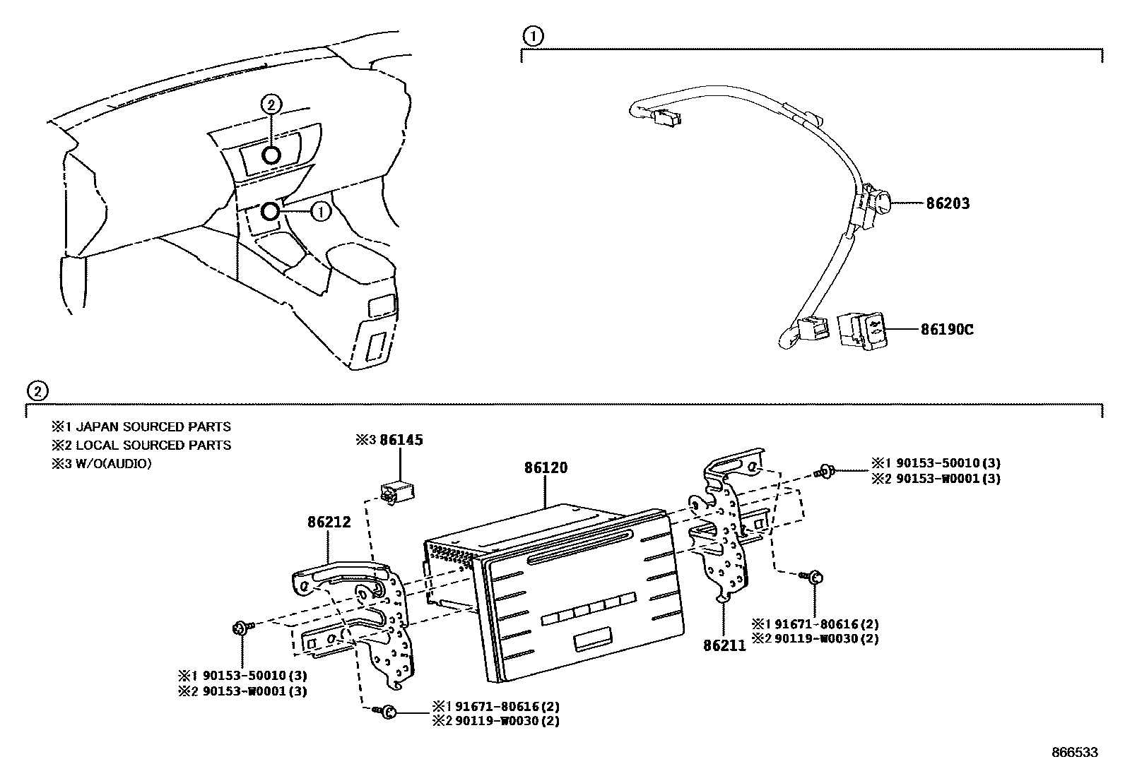 Toyota COROLLA 收音机、放大器和冷凝器 EPC diagram — 866533