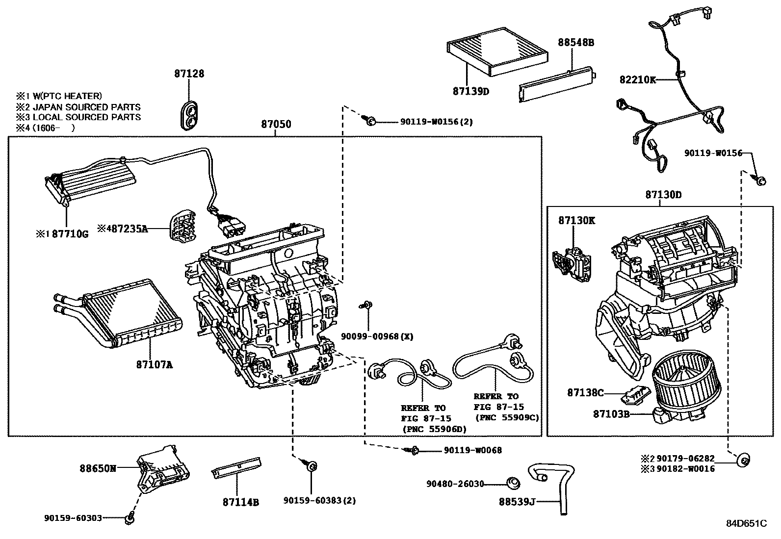 Toyota COROLLA 暖风和空调系统 - 冷却器组件 EPC diagram — 87D651C