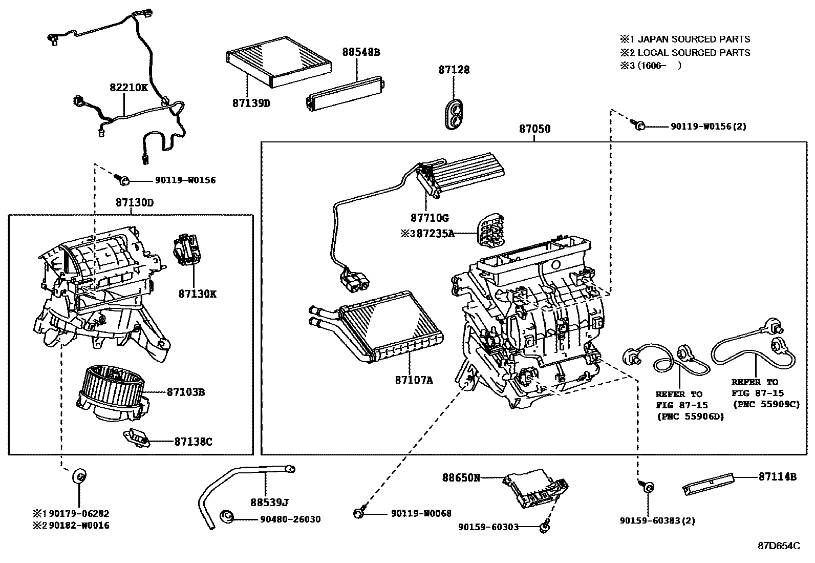 Toyota COROLLA 暖风和空调系统 - 冷却器组件 EPC diagram — 87D654C