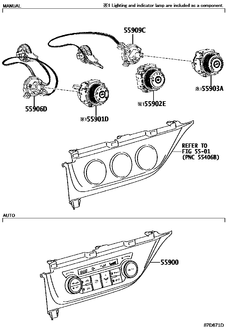 Toyota COROLLA 暖风和空调系统 - 控制器和风管 EPC diagram — 87D671D
