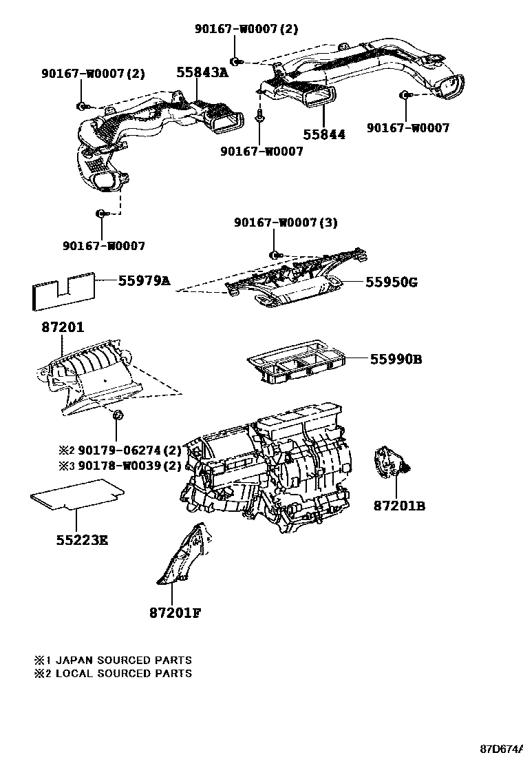 Toyota COROLLA 暖风和空调系统 - 控制器和风管 EPC diagram — 87D674A