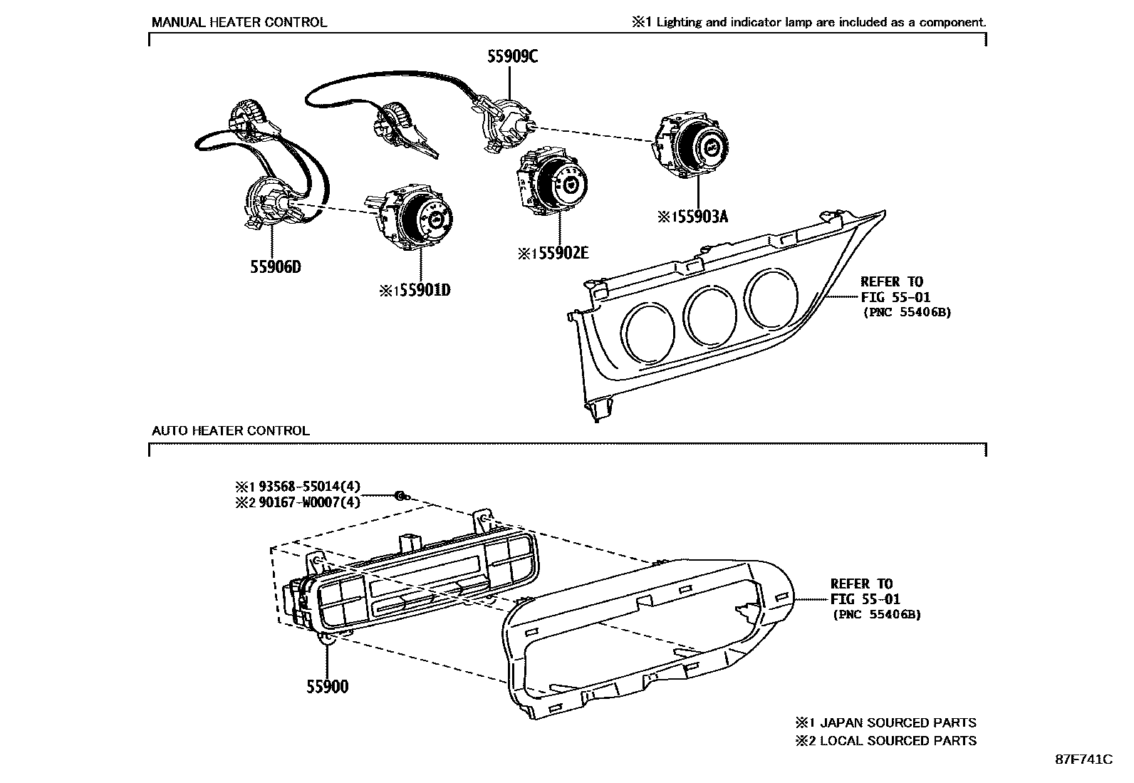 Toyota COROLLA 暖风和空调系统 - 控制器和风管 EPC diagram — 87F741C