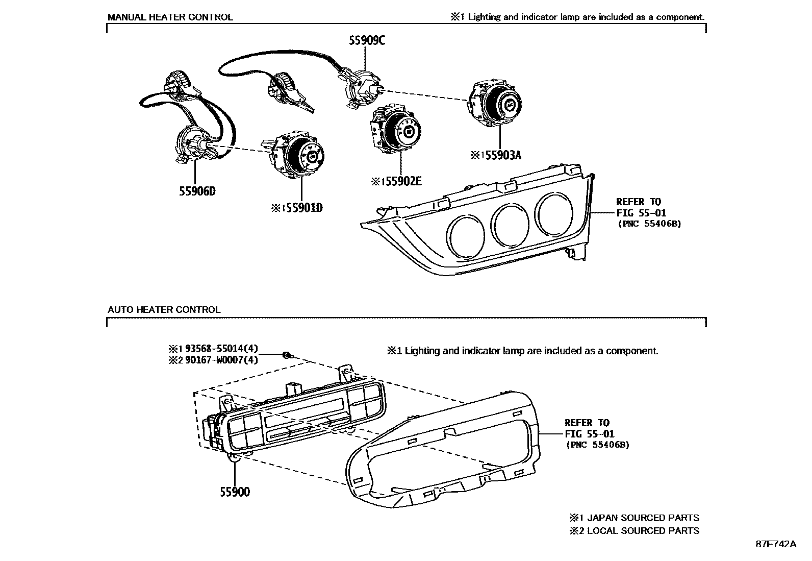 Toyota COROLLA 暖风和空调系统 - 控制器和风管 EPC diagram — 87F742A