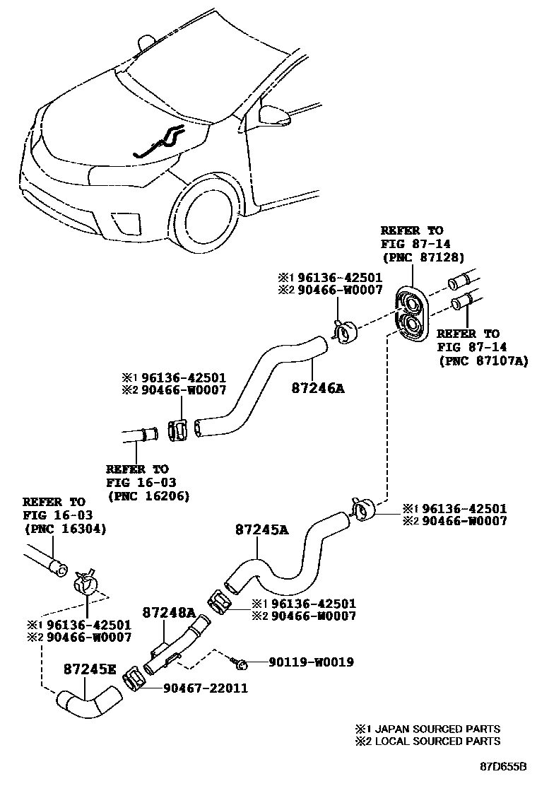 Toyota COROLLA 暖风和空调系统 - 水管 EPC diagram — 87D655B