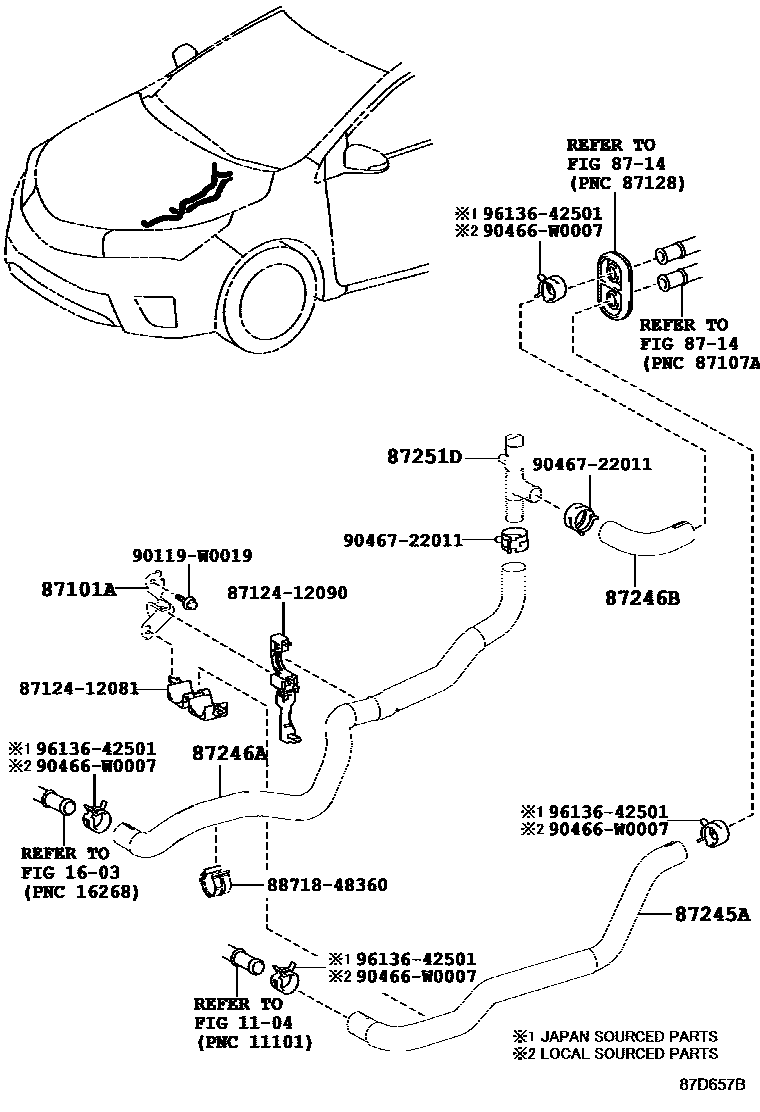 Toyota COROLLA 暖风和空调系统 - 水管 EPC diagram — 87D657B