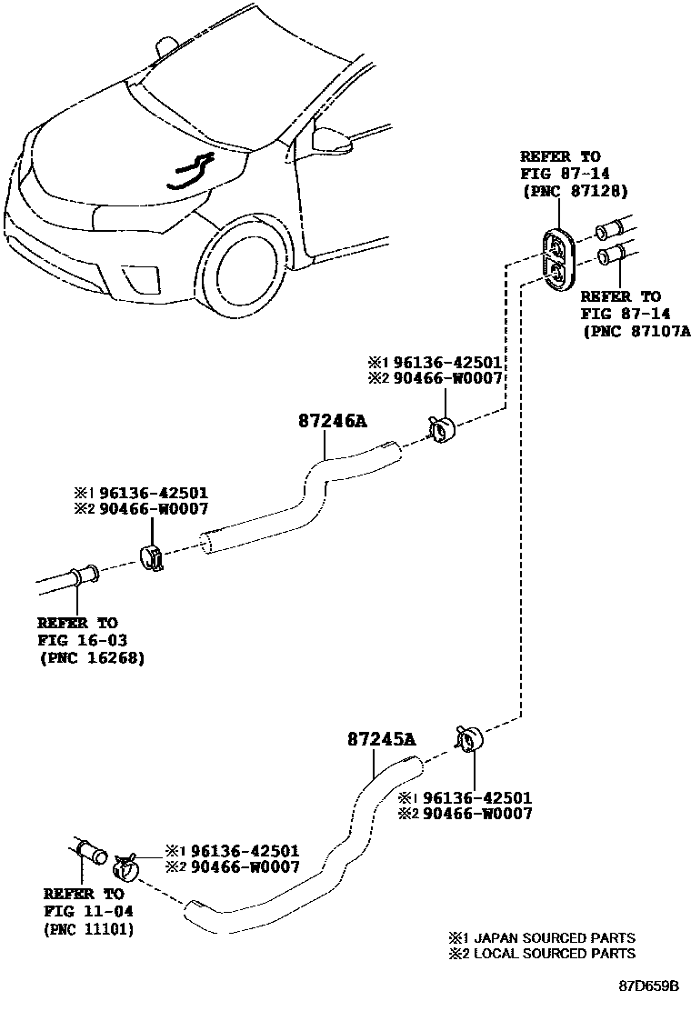 Toyota COROLLA 暖风和空调系统 - 水管 EPC diagram — 87D659B