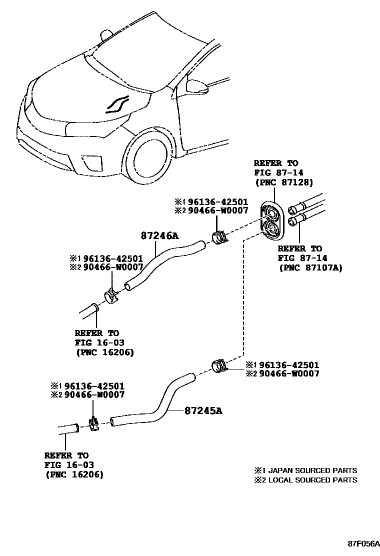 Toyota COROLLA 暖风和空调系统 - 水管 EPC diagram — 87F056A