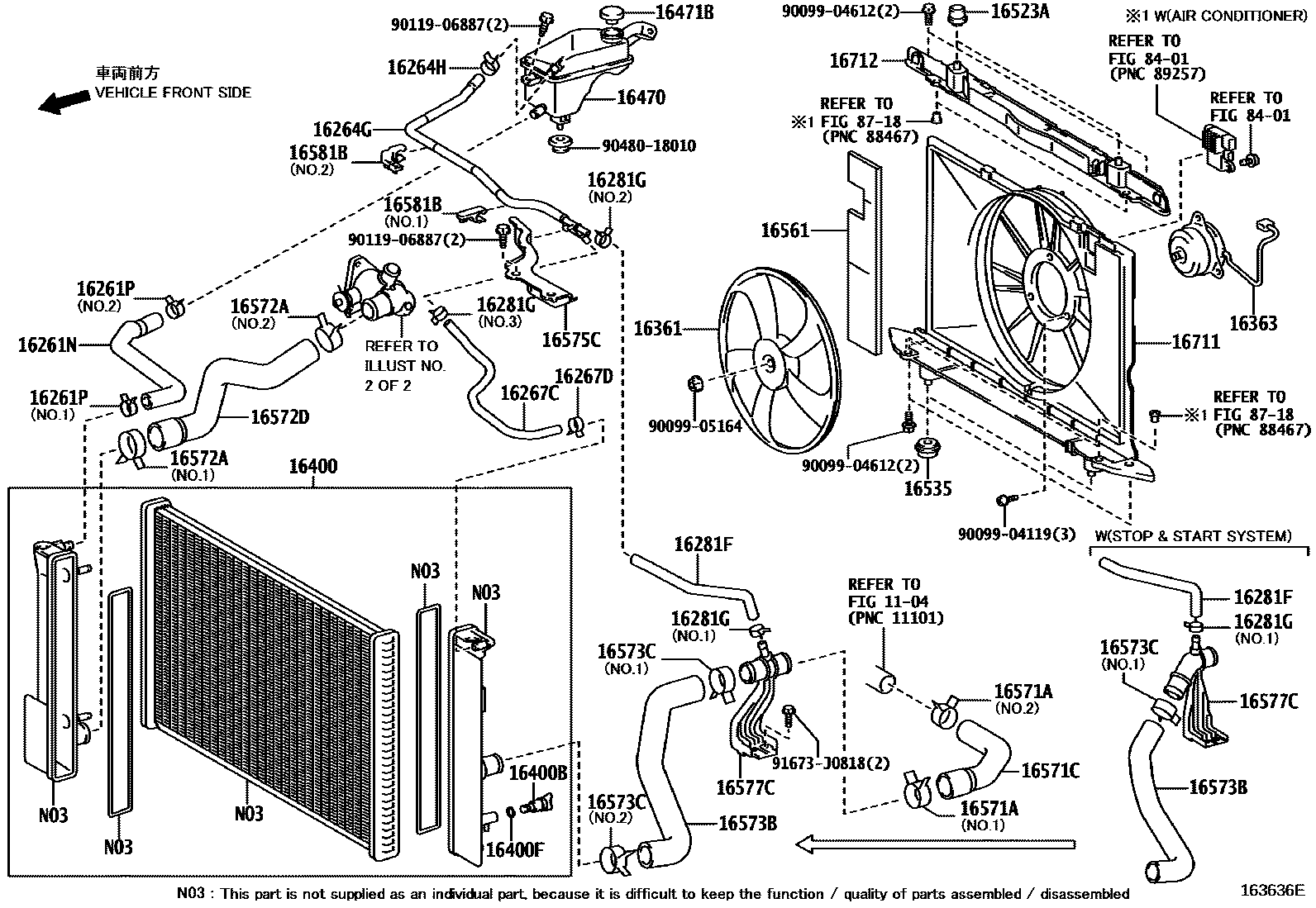 Toyota COROLLA RADIATOR & WATER OUTLET EPC diagram — 163636E