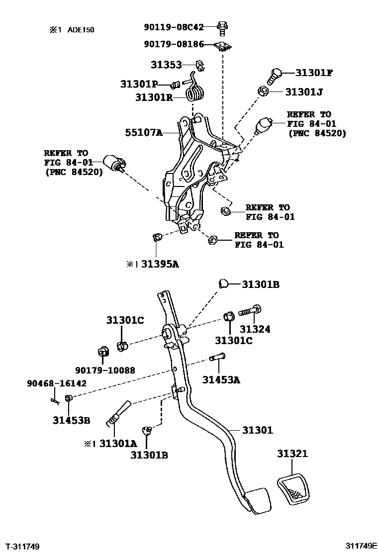 Toyota COROLLA 离合器踏板和挠性软管 EPC diagram — 311749E
