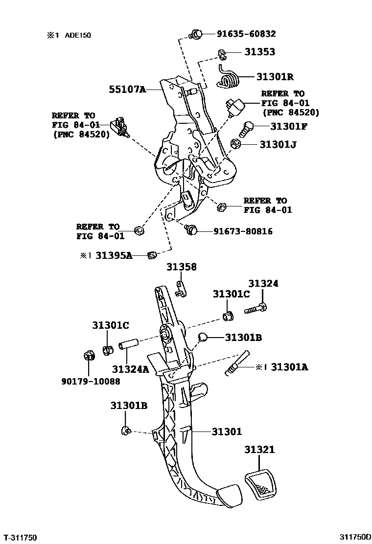 Toyota COROLLA 离合器踏板和挠性软管 EPC diagram — 311750D
