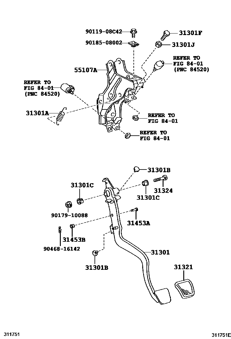 Toyota COROLLA 离合器踏板和挠性软管 EPC diagram — 311751E
