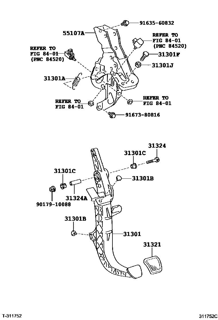 Toyota COROLLA 离合器踏板和挠性软管 EPC diagram — 311752C