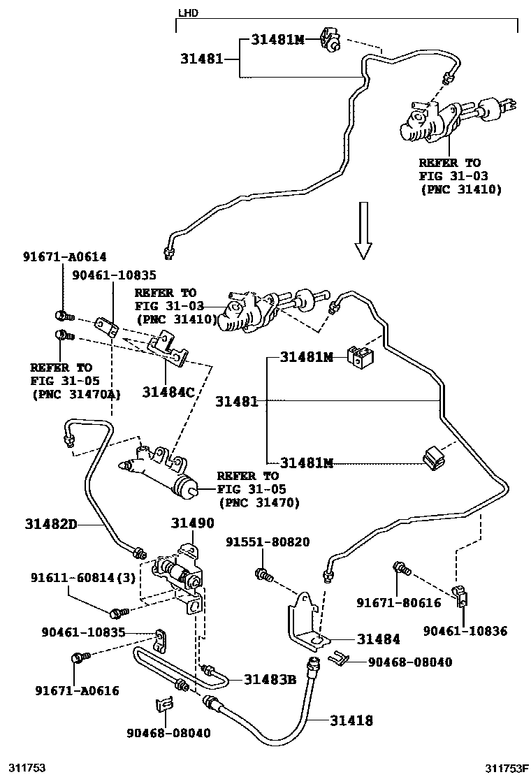 Toyota COROLLA 离合器踏板和挠性软管 EPC diagram — 311753F