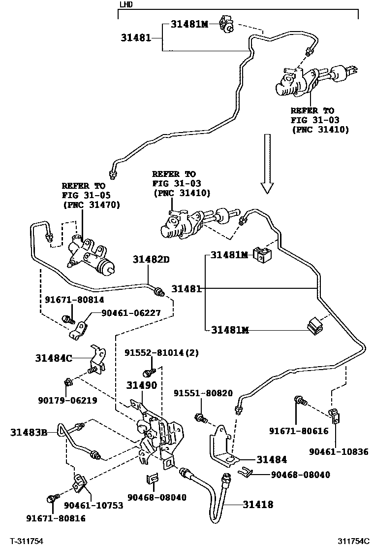 Toyota COROLLA 离合器踏板和挠性软管 EPC diagram — 311754C