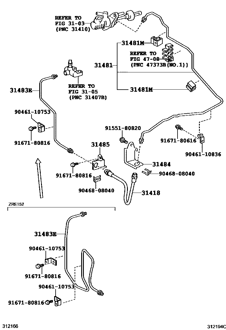Toyota COROLLA 离合器踏板和挠性软管 EPC diagram — 312194C