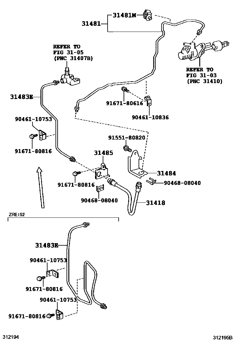 Toyota COROLLA 离合器踏板和挠性软管 EPC diagram — 312195B