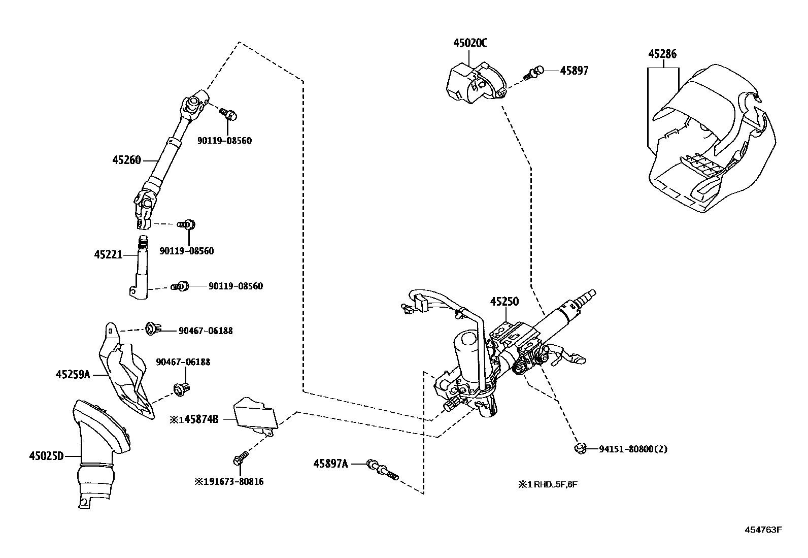 Toyota COROLLA Steering Column & Shaft EPC diagram — 454763F