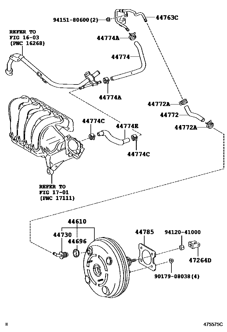 Toyota COROLLA 制动助力器和真空管 EPC diagram — 475575C