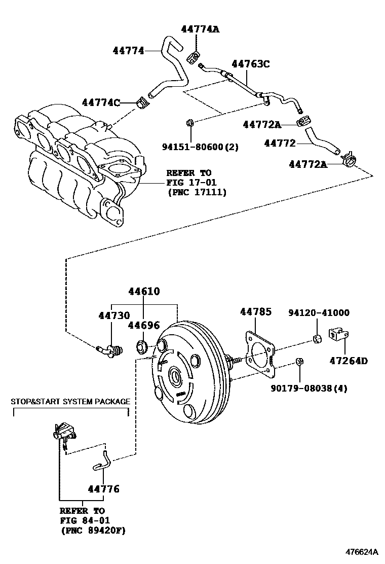 Toyota COROLLA 制动助力器和真空管 EPC diagram — 476624A
