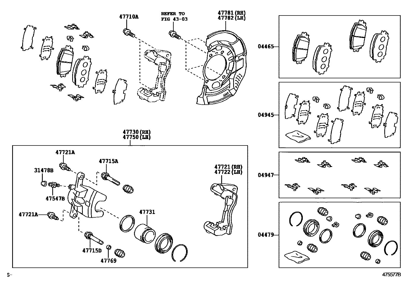 Toyota COROLLA 前盘式制动器卡钳和防尘罩 EPC diagram — 475577B