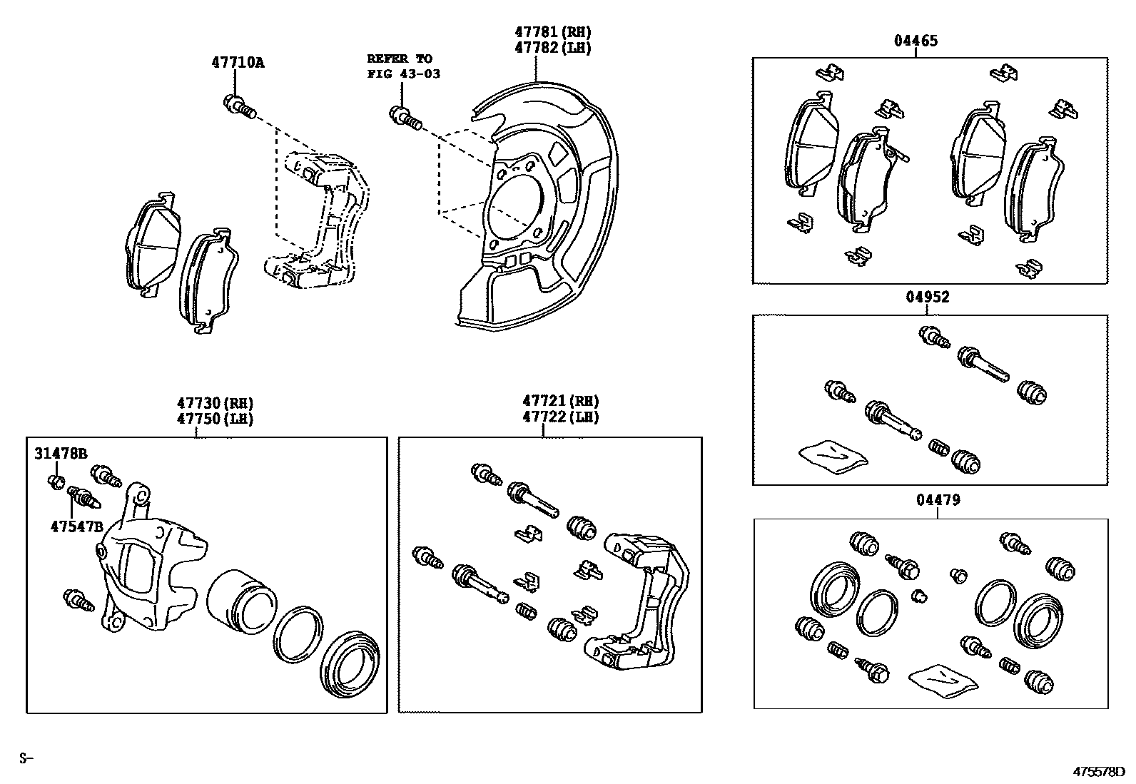 Toyota COROLLA 前盘式制动器卡钳和防尘罩 EPC diagram — 475578D