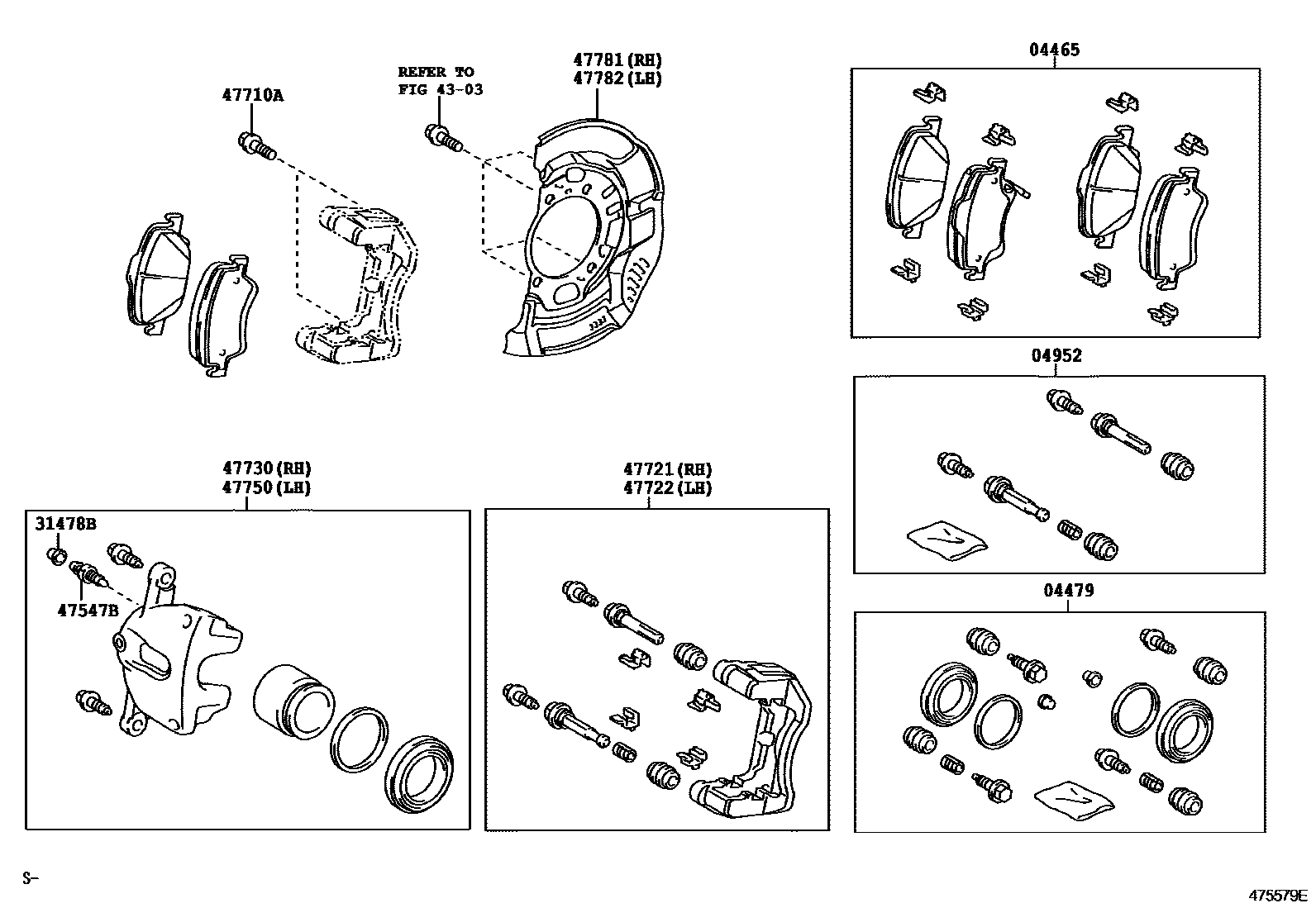 Toyota COROLLA 前盘式制动器卡钳和防尘罩 EPC diagram — 475579E