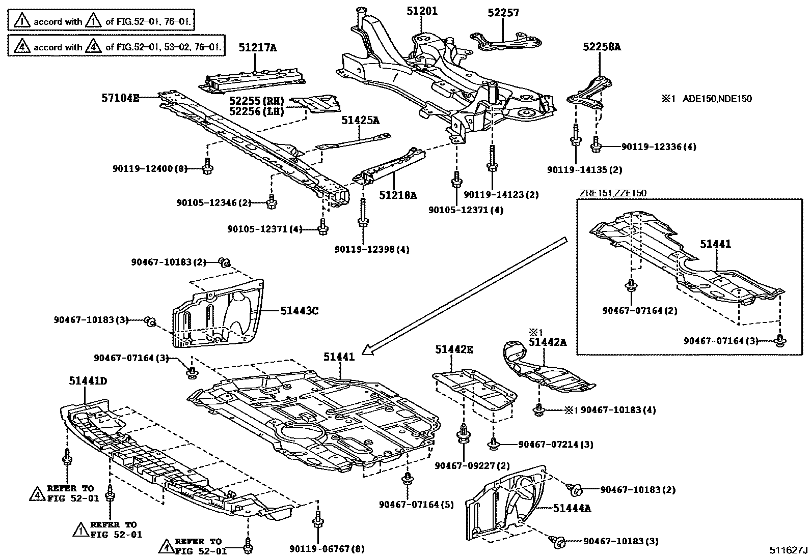 Toyota COROLLA 悬架横梁和发动机底罩 EPC diagram — 511627J