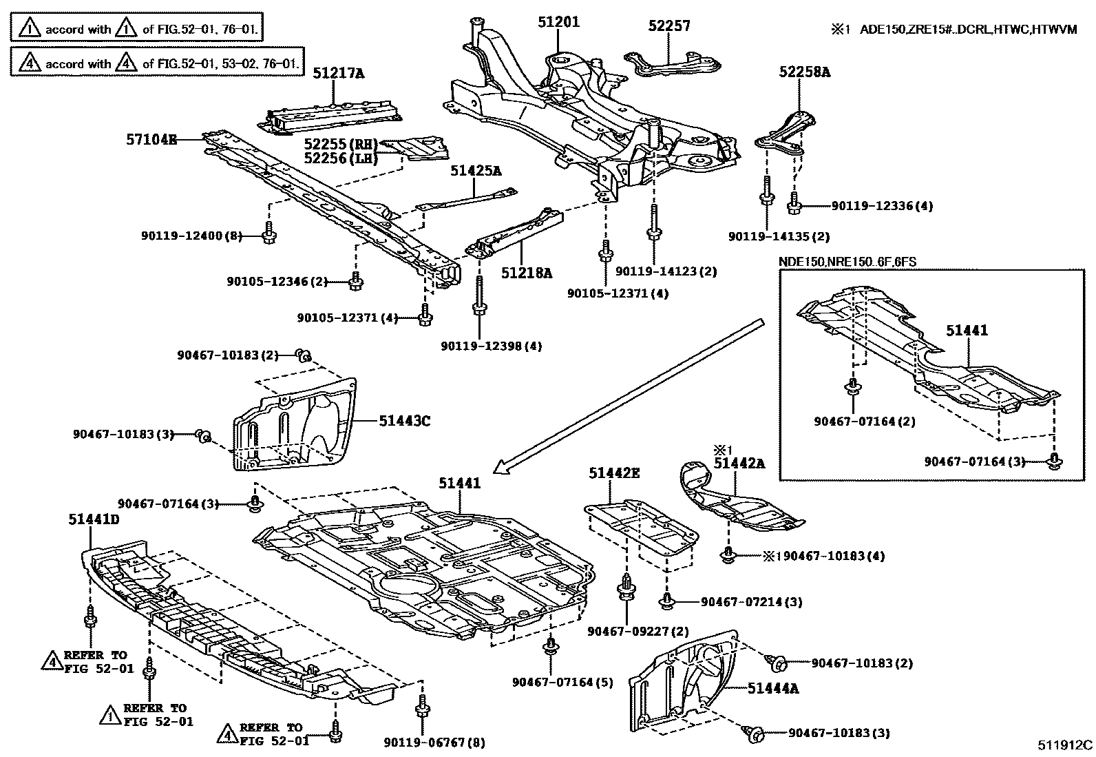Toyota COROLLA 悬架横梁和发动机底罩 EPC diagram — 511912C